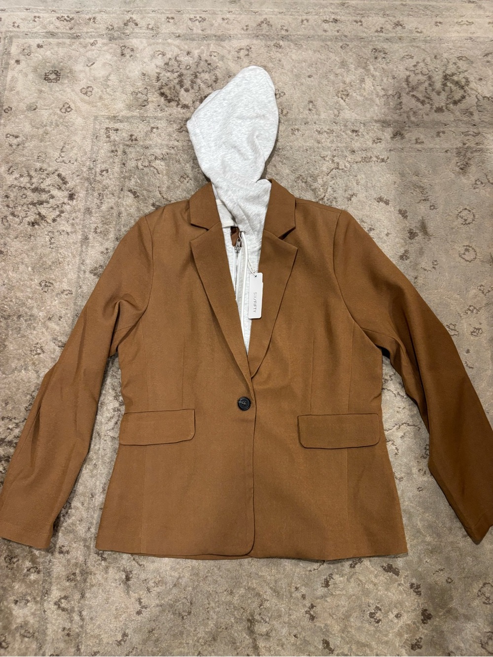 Womens Tan Single-Button Blazer Jacket with removable hoodie liner